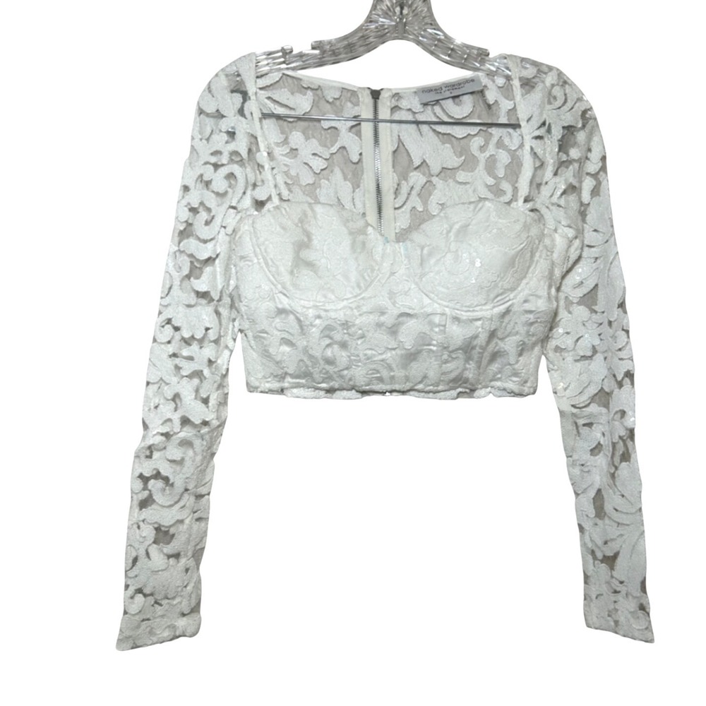 Naked Wardrobe The Statement White Lace Sequin Crop Top Bustier women's S bridal